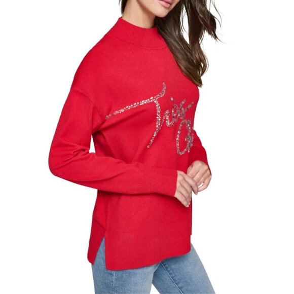 Karl Lagerfeld Paris Womens Embellished Graphic Mockneck Sweater Red Size M NWT - Picture 3 of 7